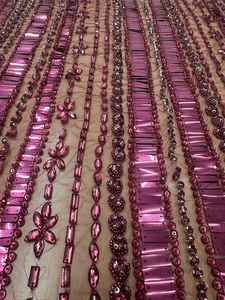 Tela de encaje magenta de lujo con cuentas a mano, malla bordada con pedrería pesada y lentejuelas para fabricantes de vestidos de noche de alta costura y vestidos de fiesta. - Product Image 5