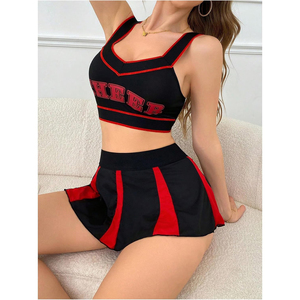 Nouvel ensemble uniforme de cheerleading OEM 2026 – Haut court à col en V noir et rouge, jupe en Spandex/Polyester dégradé pour adolescentes – En stock - Product Image 5