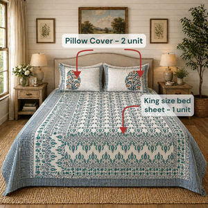 Parure de draps de luxe en coton respirant et durable, imprimée à la main au Jodhpur, motif floral vert et blanc, taille King Size, vente en gros - Product Image 5