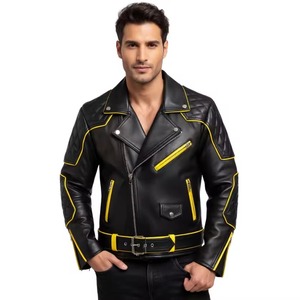 Blouson de moto en cuir véritable noir pour homme, matelassé, coupe-vent, avec fermeture éclair et ceinture à la taille, vêtement d'extérieur moto - Product Image 3