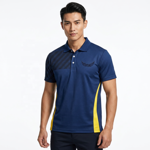 เสื้อโปโลแขนสั้นสีน้ำเงินสำหรับผู้ชาย พร้อมโลโก้ปักลายแถบสีเหลือง แห้งเร็ว ผ้าถัก สวมใส่สบายๆ - Product Image 4
