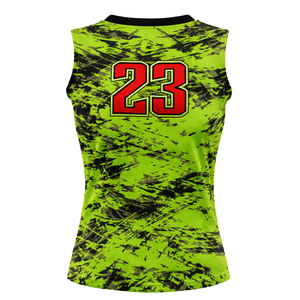 Maillot de softball sans manches à sublimation intégrale, design éclaboussures vert néon et noir, uniforme d'équipe personnalisé avec numéro au dos - Product Image 3