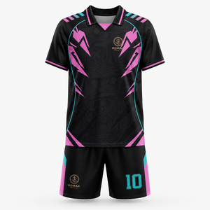 ชุดฟุตบอลสีดำชมพูเขียวแบบกำหนดเอง เสื้อโปโล กางเกงขาสั้น ลายกราฟิกสายฟ้า ชุดทีม OEM โรงงานพรีเมียม ระดับโปร - Product Image 1