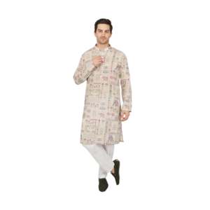 Conjunto de Kurta de Diseñador para Hombre, Verde Oliva, Bordado, con Parches de Crepé, TMEN14-07-S - Product Image 1