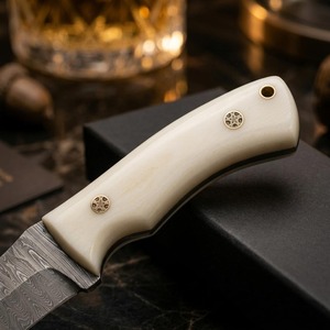 Damascus Steel Drop Point Hunting <b>Knife</b> <b>Bone</b> <b>Handle</b> Black Sheath 0.5mm Blade Thickness Fixed Blade 8-Inch Industrial Grade - Product Image 2
