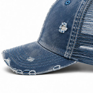 Customized Distressed Blue Denim Trucker Hat <b>Vintage</b> Washed Snapback <b>Cap</b> with Frayed Details With Best Quality - Product Image 6