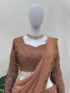 Conjunto de Lehenga Saree de Georgette Sintético Marrón Listo para Usar con Choli Bordado – Moderno y Elegante - Product Image 6