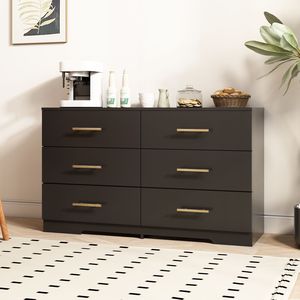 Grande commode noire à 6 tiroirs avec poignées dorées - Product Image 1
