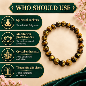 Bracelet en pierre naturelle œil de tigre, perles en forme de boule, gravé Om Mani Padma, taille unique - Product Image 2