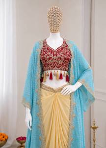 Conjunto de Lehenga Choli Bordado y Cosido para Mujer, con Shrug, Dhoti, Blusa y Dupatta de Tela, Ropa Tradicional Étnica Pakistaní e India para Fiestas - Product Image 4