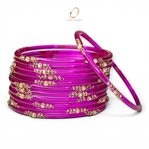Nouveauté : Bijoux indiens, bracelets en verre rose vif style Kashmiri, plaqués or, cristaux, pour mariage et occasions festives, prix de gros - Product Image 3
