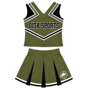 Ensemble d'uniforme de cheerleading vert olive, noir et blanc, avec crop top sans manches à col en V et jupe plissée, pour spectacle de danse et équipe de cheerleading - Product Image 1