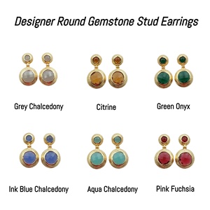 Main designer gris calcédoine pierre précieuse boucle d'oreille plaqué or rond gris pierre précieuse goutte style boucle d'oreille bijoux cadeau pour un ami - Product Image 2