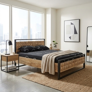 Dice <b>Bed</b> Modern Industrial Solid Wood <b>Platform</b> <b>Bed</b> <b>Frame</b> With 3D Geometric Carved Headboard And Black Metal Bedroom Furniture - Product Image 3