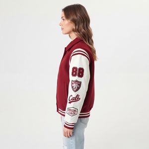 Veste universitaire pour femme avec manches en cuir, patchs brodés, col rabattu, boutonnée, style baseball, pour l'hiver - Product Image 4