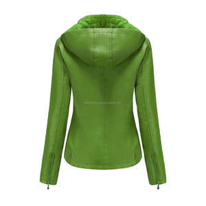 Veste à capuche en cuir vert citron pour femme avec doublure Sherpa confortable Poches zippées Longue longueur pour un style de confort hivernal - Product Image 3
