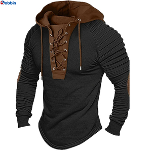 Sudaderas con Capucha para Hombre, Sudadera Unisex de Color Sólido, Sudadera con Capucha Plisada, Sudadera Urbana de Manga Larga con Cordones y Costuras - Product Image 3