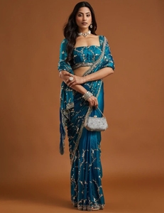 Sari de Mezcla de Seda Bollywood Bordado Reversible KV, Sin Arrugas y de Secado Rápido (Azul) para Fiestas y Bodas de Otoño - Product Image 6