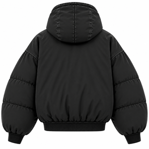 Blouson d'hiver matelassé personnalisé pour femme en polaire épaisse délavée à l'acide, avec capuche zippée, épaules tombantes, couleur unie et logo frontal - Product Image 2