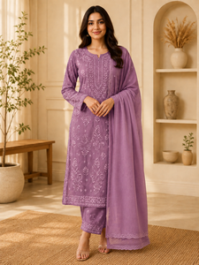 Exclusive Women Lavender <b>Chikankari</b> Hand Embroidered Straight Kurti Ethnic Floral Suit - Product Image 1