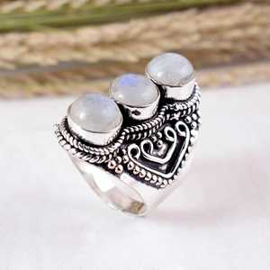 3-Stone Rainbow Moonstone Silver <b>Ring</b> Vintage Tribal Filigree <b>Statement</b> <b>Ring</b> Artisanal Beaded Edge Shield Design Authentic - Product Image 4