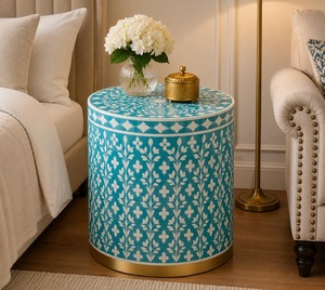 Tabouret pliant moderne fait main de haute qualité avec incrustations en os, style tambour, ottoman de ferme indien poli pour la décoration du salon et de la chambre - Product Image 1