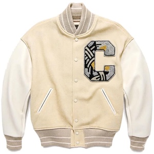 Men's Blue Varsity Jacket With Embroidered C Logo Preppy Style Wool Polyester Blend Turn-down Collar Regular Fit - Product Image 3