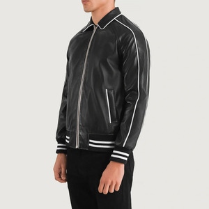 Wholesale Custom Unisex Black Genuine Leather <b>Racing</b> Bomber <b>Jacket</b> Retro Motorcycle with Contrast Piping Waterproof & Windproof - Product Image 5