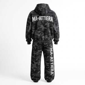 Conjunto de Sudadera con Capucha y Pantalones de Chándal para Hombre, Negro y Gris Camuflaje, Cierre de Cremallera, Ajuste Holgado, Estilo Urbano, Panel Gráfico, Personalizado, OEM, ODM, Venta al por Mayor - Product Image 4