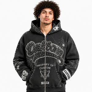 Sudadera con capucha extragrande con cremallera, bordado de telaraña gótica con pedrería, estilo Y2K, ropa urbana, venta al por mayor, ODM - Product Image 1