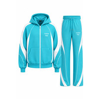 Ensemble de survêtement personnalisé avec logo, coloris turquoise et blanc, 100 % coton, sweat à capuche entièrement zippé 450 g/m² et pantalon
