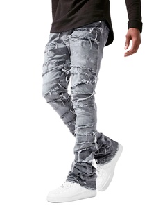 Nueva moda Jeans elásticos Hombre Jeans apilados Cintura elástica Ajuste recto Patchwork Denim Pantalones largos Fringe Ripped Jeans para hombres - Product Image 2