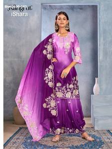 Ensemble Kurti-Plazzo de qualité supérieure en Chinon avec broderie ombrée et florale, et dupatta assortie, fournisseur de Surat - Product Image 2