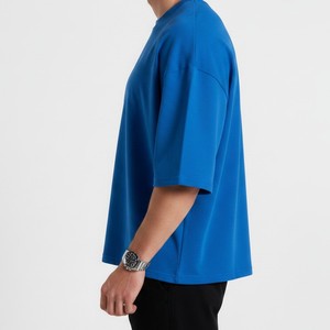 T-shirt en coton bleu uni surdimensionné pour homme, 100 % coton premium, manches courtes, col rond, coupe décontractée, impression de logo personnalisée, OEM ODM - Product Image 2