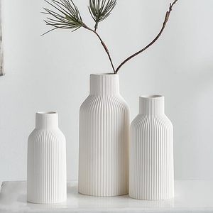White <b>Ceramic</b> <b>Vases</b> Set of 3 Ribbed Matte Tabletop Flower <b>Vases</b> Modern Minimalist Decor for Home Wedding - Product Image 3