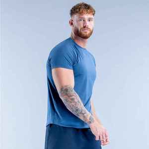 T-shirt pour homme bleu à col rond, manches courtes, coupe ajustée, décontracté, tricoté, couleur unie, séchage rapide - Product Image 3