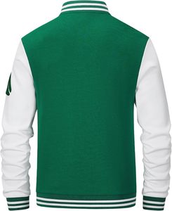 Chaqueta Varsity Unisex Verde con Letras ATM Bordadas, Mangas Blancas, Estilo Preppy, Cuello Alto, Corte Regular, Ropa de Invierno, Resistente al Viento - Product Image 3