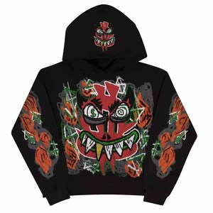 Sudadera con Capucha Negra para Hombre, Estampado de Dibujos Animados, Corte Holgado, Estilo Urbano, Tejido de Algodón, Ropa de Otoño - Product Image 1