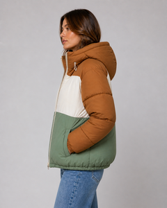Veste d'hiver matelassée pour femme, personnalisable, à capuche, épaisse, chaude, en duvet, bicolore, vente en gros - Product Image 4