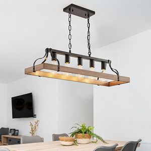 Lámpara Colgante Moderna de 34 Pulgadas Estilo Granja, Madera de Nogal Negro, 5 Portalámparas E26, Cadena Ajustable en Altura para Interiores - Product Image 2