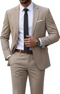 Traje de Negocios para Hombre, Estilo Británico, Cuello Solapa, Corte Entallado, Color Beige, Antiarrugas, de Viscosa/Poliéster, con Botonadura Sencilla - Product Image 2