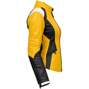 Blouson en cuir jaune pour femme, coupe slim, style motard, avec empiècements noirs sur les côtés, col à boutons-pression, poignets zippés, veste de course personnalisée Darkry - Product Image 3