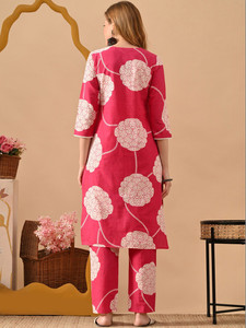 Conjunto de Kurta Rosa de Algodón con Estampado Digital hasta la Rodilla para Mujer, Estilo Casual de India y Pakistán, Corte Holgado, Sin Arrugas, Estilo Veraniego - Product Image 4