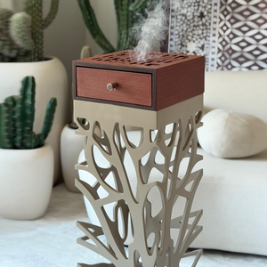 Modern Wooden Incense Burner <b>Set</b> Pillar Featuring Cutout Design Box Top And Ornate <b>Cream</b> Column Stand For Luxury Home Decoration - Product Image 5