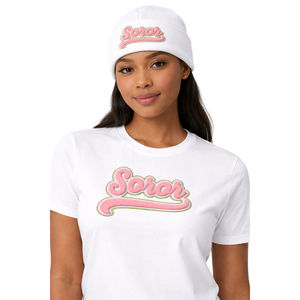 Bonnet blanc Soror pour femmes, style grec, rose et vert, pour sororité universitaire, tricoté pour l'hiver, élégant et décontracté - Product Image 1