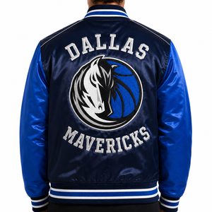 Vestes universitaires en satin pour hommes, inspirées de l'équipe de basketball de Dallas, bleu marine et bleu roi, broderie personnalisée, fournisseur en gros, tenue tendance - Product Image 3