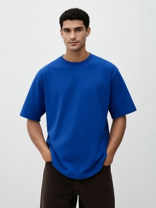 เสื้อยืดคอตตอนสีน้ำเงินล้วนทรงโอเวอร์ไซส์สำหรับผู้ชาย ขายส่ง คอกลม แขนสั้น สไตล์ลำลอง สตรีทแวร์ ระบายอากาศ แห้งเร็ว ผ้าเจอร์ซีย์ถัก 240 กรัม - Product Image 1