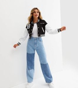Veste universitaire unisexe noire et blanche à blocs de couleur avec fermeture éclair, col rabattu, style preppy, pour l'automne - Product Image 1