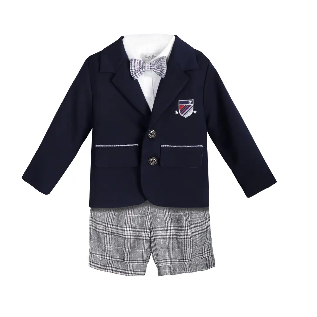 Baby Boy Kleding Sets Premium Speciale Gelegenheid Set 3 Stuks Vest Blauw Navy Borduurwerk Kinderkleding-Dx Pakken
