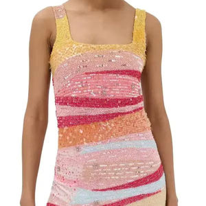 Robe d'été mini en gros, qualité supérieure, toucher doux, col en V, ornée de perles faites à la main, pour femmes, tenue de soirée, exportation mondiale - Product Image 1